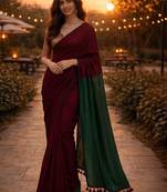 Maroon colourblocked  cotton khadi saree
