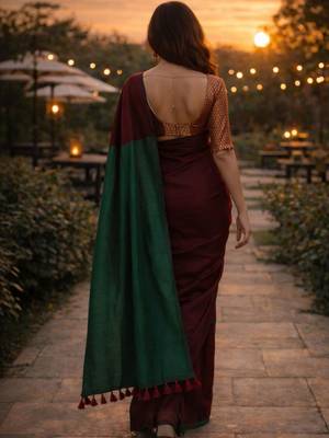 Maroon colourblocked  cotton khadi saree 2