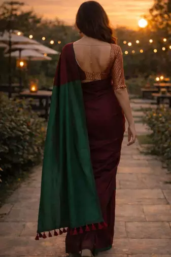 Maroon colourblocked  cotton khadi saree
