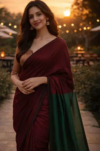 Maroon colourblocked  cotton khadi saree
