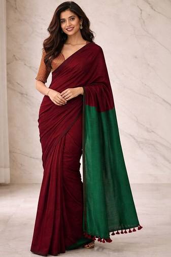 Maroon woven design  cotton half and half khadi saree