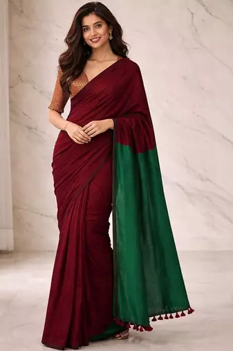 Maroon woven design  cotton half and half khadi saree