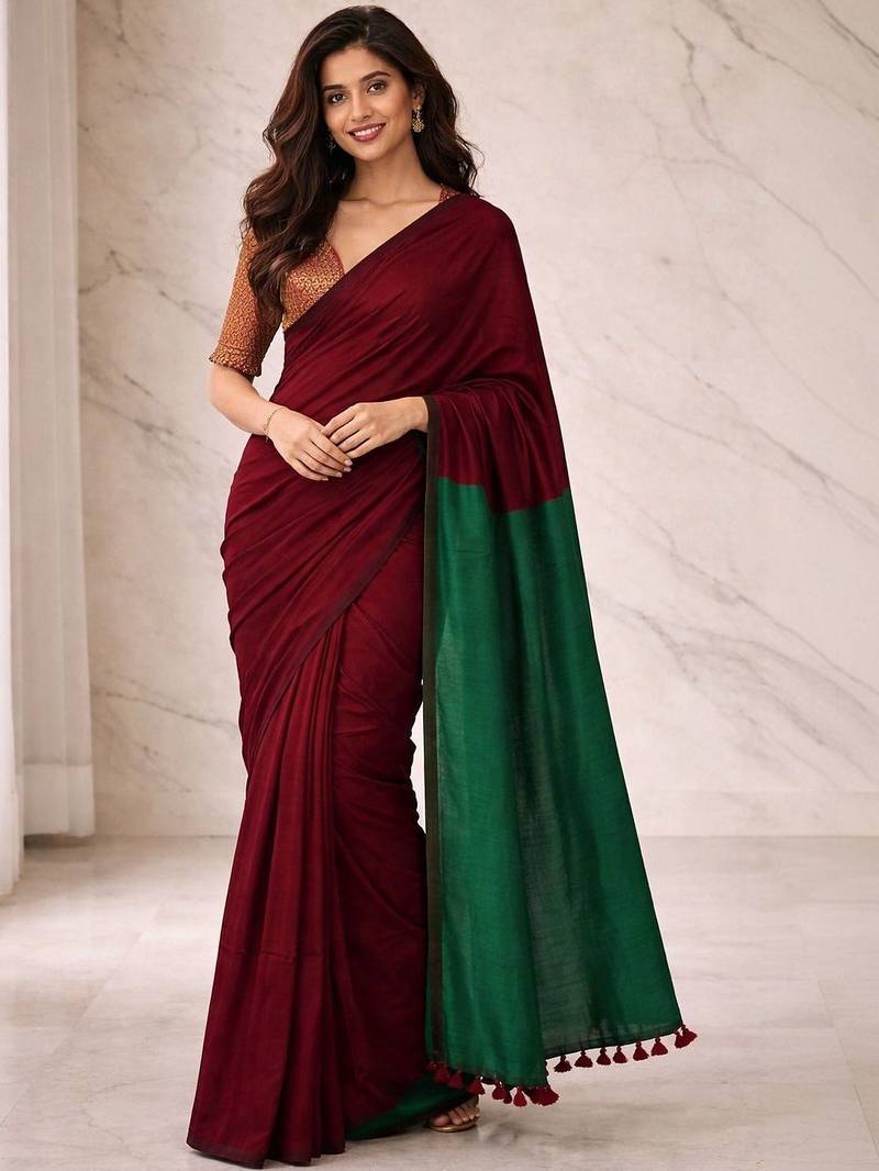 Maroon woven design  cotton half and half khadi saree