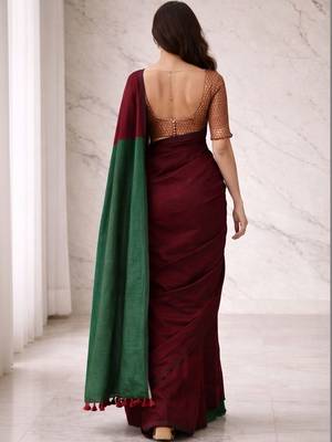 Maroon woven design  cotton half and half khadi saree 2