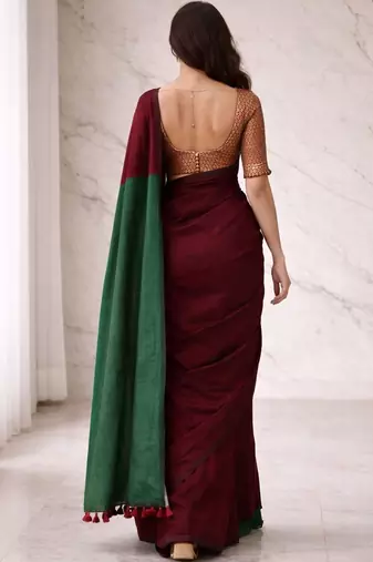 Maroon woven design  cotton half and half khadi saree