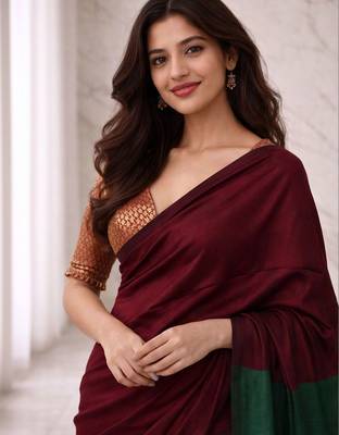 Maroon woven design  cotton half and half khadi saree 3