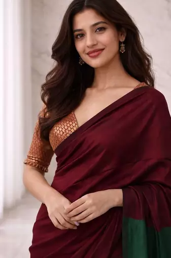 Maroon woven design  cotton half and half khadi saree