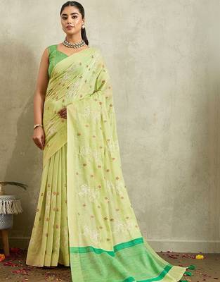 Lime floral embroidered linen blend handloom saree 1