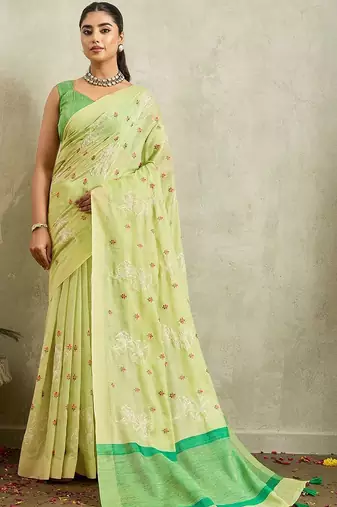 Lime floral embroidered linen blend handloom saree