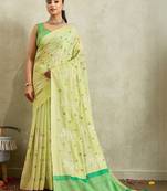 Lime floral embroidered linen blend handloom saree