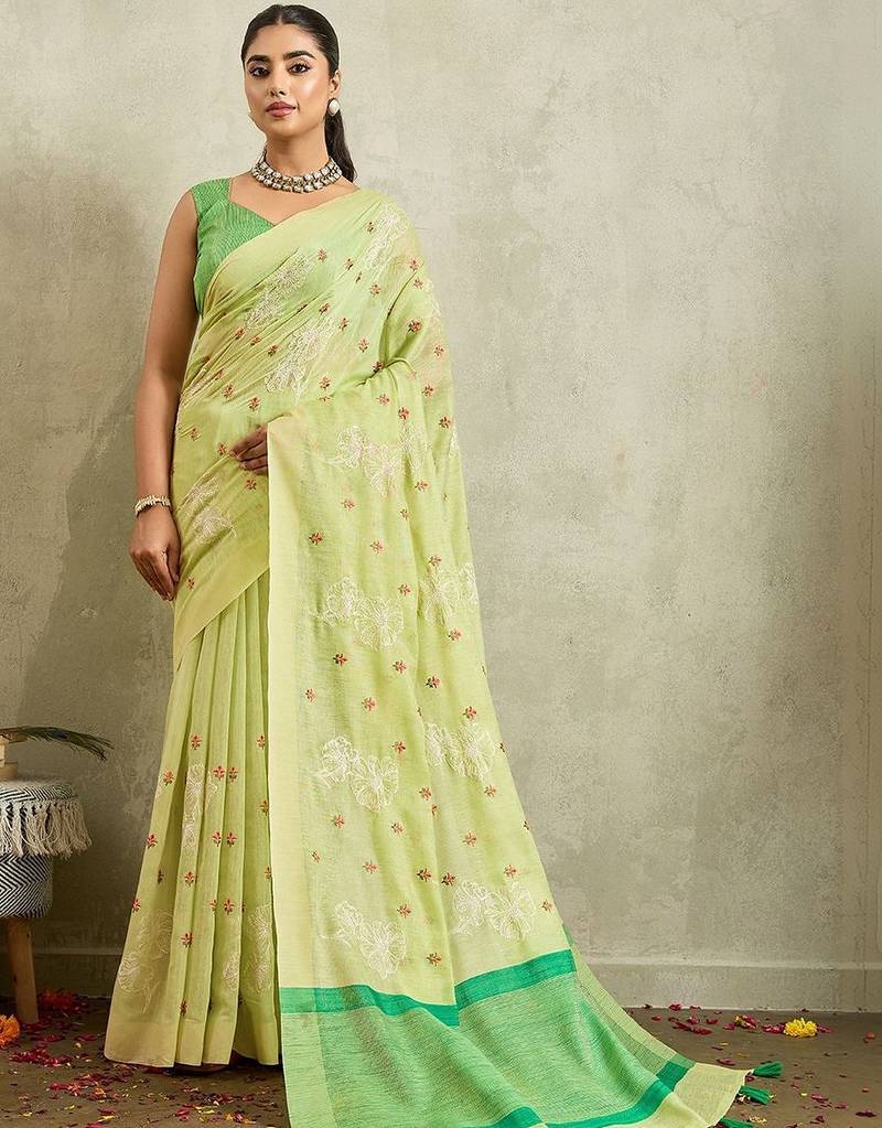 Lime floral embroidered linen blend handloom saree