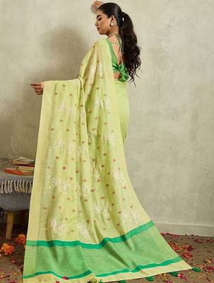 Lime floral embroidered linen blend handloom saree 2