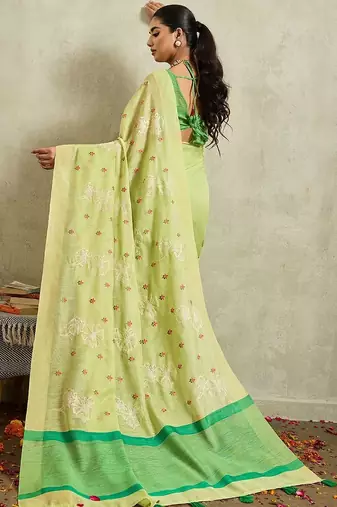 Lime floral embroidered linen blend handloom saree