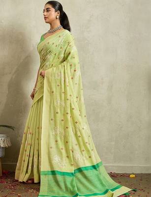 Lime floral embroidered linen blend handloom saree 3