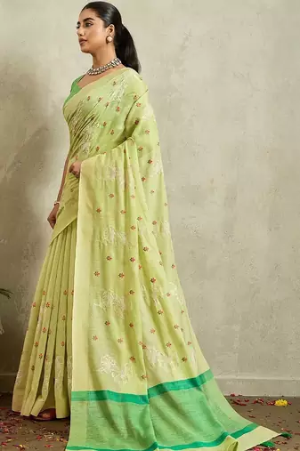 Lime floral embroidered linen blend handloom saree