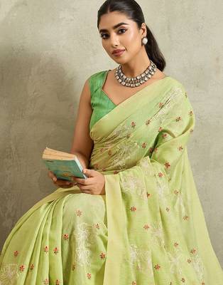 Lime floral embroidered linen blend handloom saree 4