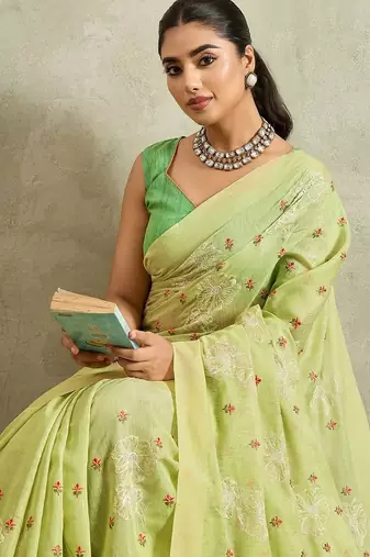 Lime floral embroidered linen blend handloom saree