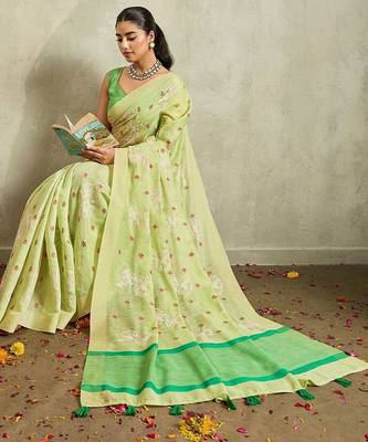 Lime floral embroidered linen blend handloom saree 5