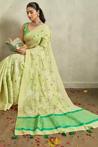 Lime floral embroidered linen blend handloom saree