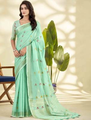 Sea green zari linen blend handloom saree 1
