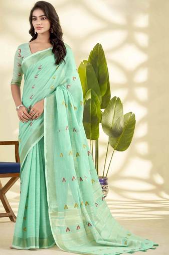 Sea green zari linen blend handloom saree