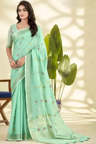Sea green zari linen blend handloom saree