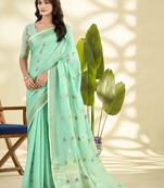 Sea green zari linen blend handloom saree