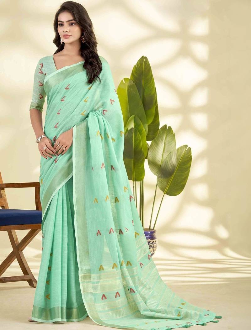 Sea green zari linen blend handloom saree