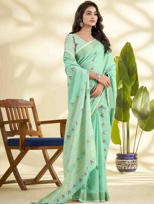 Sea green zari linen blend handloom saree 2