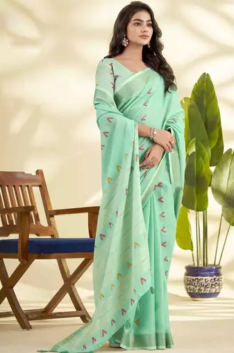 Sea green zari linen blend handloom saree