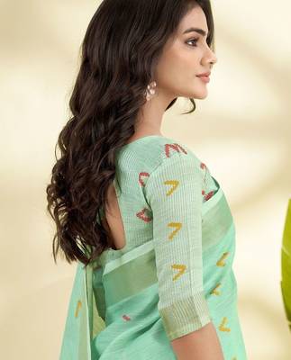 Sea green zari linen blend handloom saree 4