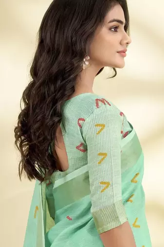 Sea green zari linen blend handloom saree