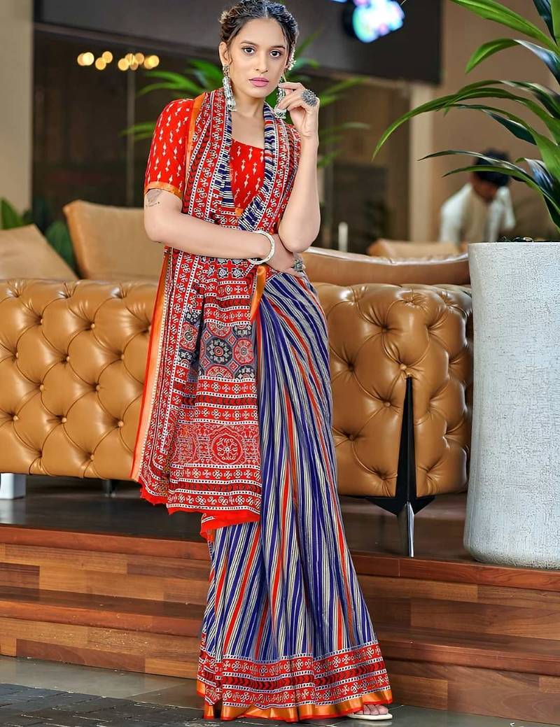 Red striped  cotton saree