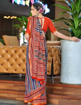 Red striped  cotton saree 3