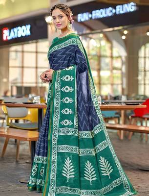 Blue printed  cotton designer saree with blouse 1