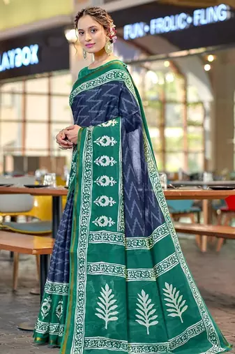 Blue printed  cotton designer saree with blouse