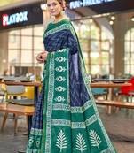 Blue printed  cotton designer saree with blouse