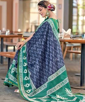 Blue printed  cotton designer saree with blouse 3