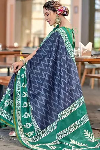Blue printed  cotton designer saree with blouse