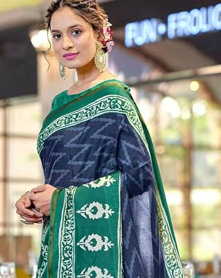 Blue printed  cotton designer saree with blouse 4