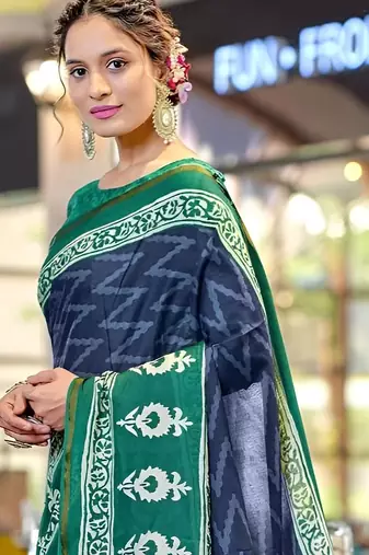 Blue printed  cotton designer saree with blouse