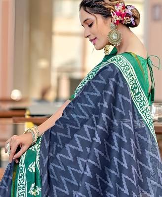Blue printed  cotton designer saree with blouse 5