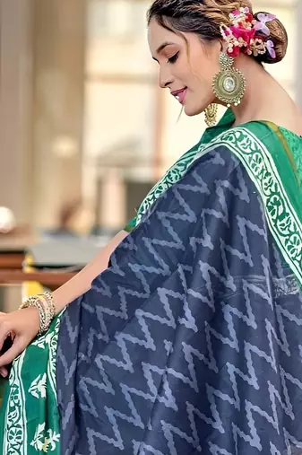 Blue printed  cotton designer saree with blouse