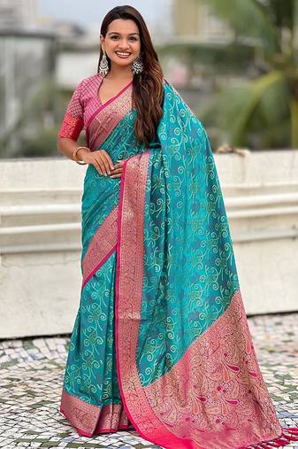 Blue paisley printed zari woven design boredr patola saree with blouse piece