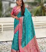 Blue paisley printed zari woven design boredr patola saree with blouse piece