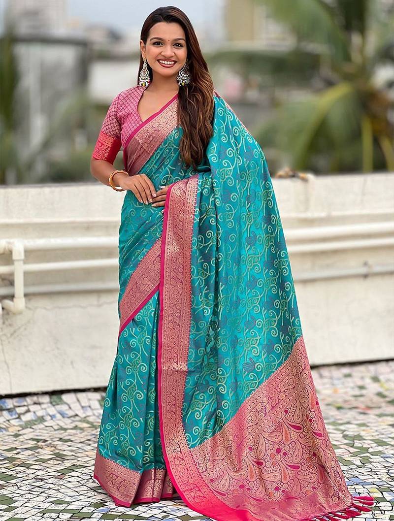 Blue paisley printed zari woven design boredr patola saree with blouse piece