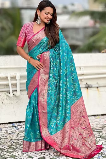 Blue paisley printed zari woven design boredr patola saree with blouse piece