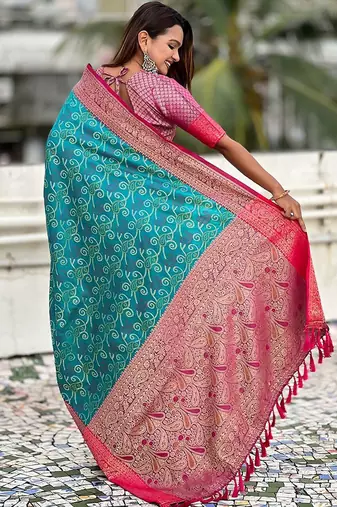 Blue paisley printed zari woven design boredr patola saree with blouse piece