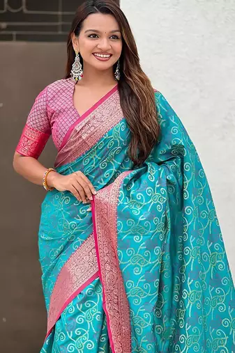 Blue paisley printed zari woven design boredr patola saree with blouse piece