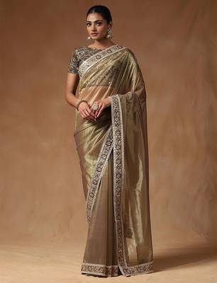 Gold embellished mirror work net designer saree 1